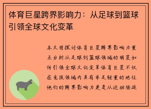 体育巨星跨界影响力：从足球到篮球引领全球文化变革